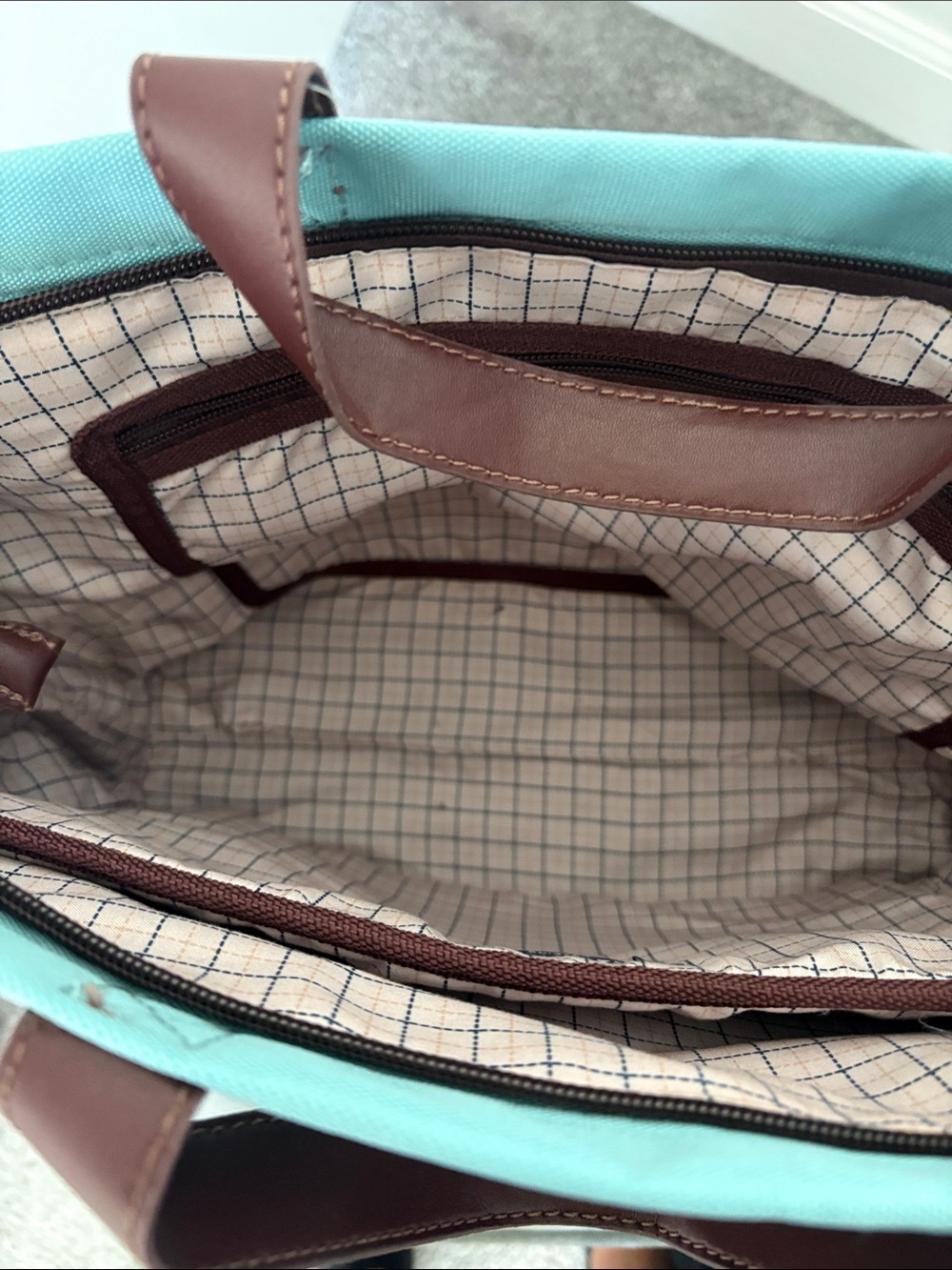 Pendleton Turquoise Aztec-Pattern Tote with Brown Trim - Picture 3 of 5